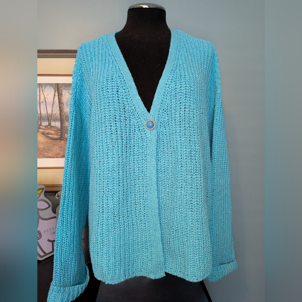 Talbots Open Front Ribbon Weave Cardigan w/ magnetic button , Size XL, Blue